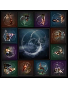 Tapis carré astro divination avec motifs astrologiques représentant les douze signes du zodiaque autour d'un motif central