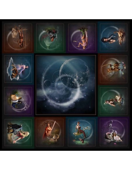 Tapis carré astro divination avec motifs astrologiques représentant les douze signes du zodiaque autour d'un motif central