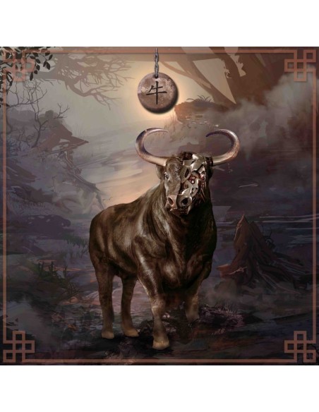 Tapis carré astro divination avec signe astrologiques chinois, le buffle