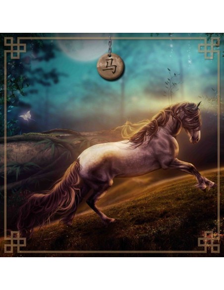 Tapis carré astro divination avec signe astrologiques chinois, le cheval