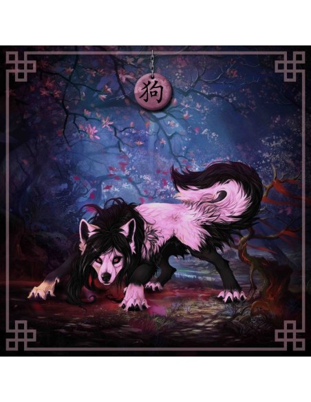 Tapis carré astro divination avec signe astrologiques chinois, le chien