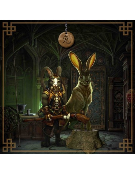 Tapis carré astro divination avec signe astrologiques chinois, le lièvre