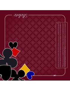Tapis de jeu de belote bordeaux avec motifs de trèfles et de carreaux et tableau de comptage des points