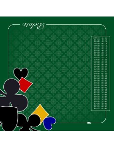 Tapis de jeu de belote vert avec motifs de trèfles et de carreaux et tableau de comptage des points