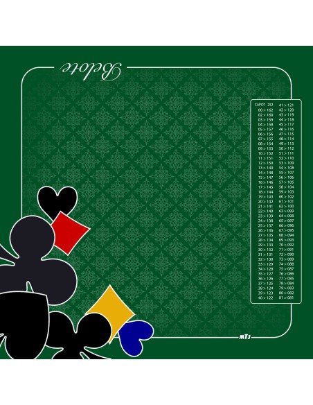 Tapis de jeu de belote vert avec motifs de trèfles et de carreaux et tableau de comptage des points
