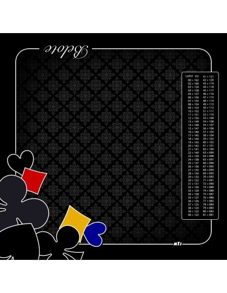 Tapis de jeu de belote noir avec motifs de trèfles et de carreaux et tableau de comptage des points