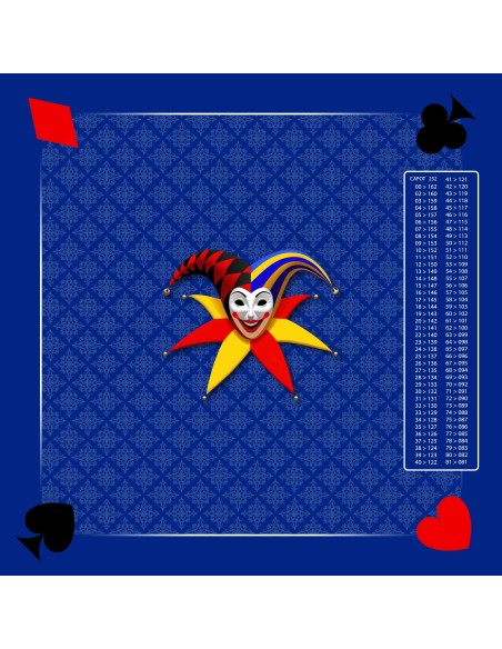 Tapis de jeu de belote bleu avec motif joker au centre, symboles de cartes aux coins, et tableau de comptage des points