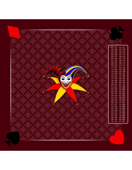 Tapis de jeu de belote bordeaux avec motif joker au centre, symboles de cartes aux coins, et tableau de comptage des points