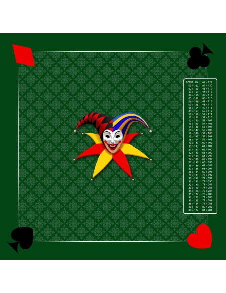 Tapis de jeu de belote vert avec motif joker au centre, symboles de cartes aux coins, et tableau de comptage des points