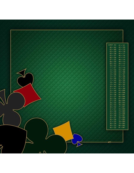 Tapis de jeu de belote à 4 vert avec motifs de pique, carreau, cœur et trèfle aux coins, et tableau de comptage des points