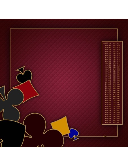 Tapis de jeu de belote à 4 bordeaux avec motifs de pique, carreau, cœur et trèfle aux coins, et tableau de comptage des points