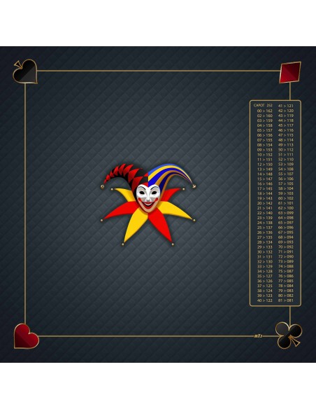 Tapis de jeu de belote noir de 60x60 cm avec motif de masque de joker, symboles aux coins, et tableau de comptage des points
