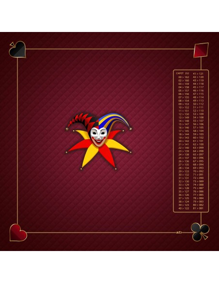 Tapis de jeu de belote bordeaux de 60x60 cm avec motif de masque de joker, symboles aux coins, et tableau de comptage des points