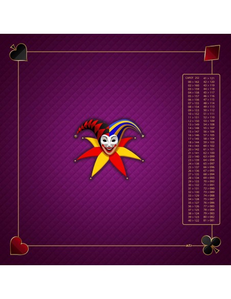 Tapis de jeu de belote violet de 60x60 cm avec motif de masque de joker, symboles aux coins, et tableau de comptage des points