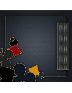 Tapis de jeu de belote à 4 noir avec motifs de pique, carreau, cœur et trèfle aux coins, et tableau de comptage des points