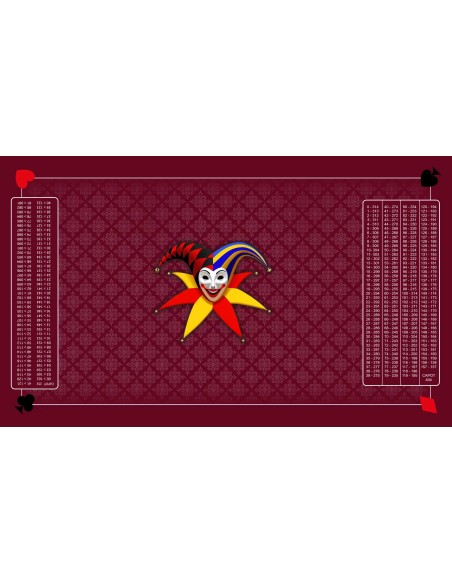 Tapis de belote rectangle joker tramé bordeaux, avec double points