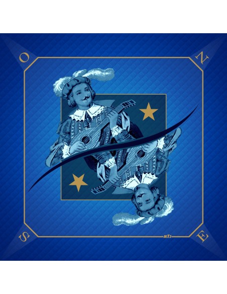 Tapis de jeu de tarot bleu avec illustration de la carte Excuse représentant un roi musicien jouant de la mandoline