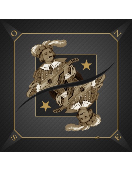 Tapis de jeu de tarot noir avec illustration de la carte Excuse représentant un roi musicien jouant de la mandoline