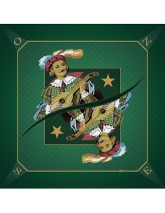 Tapis de jeu de tarot vert avec illustration de la carte Excuse représentant un roi musicien jouant de la mandoline