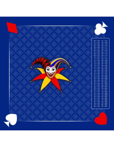 Tapis de jeu de belote bleu carré avec motif de masque de joker, symboles rouge et blanc, et tableau de comptage des points