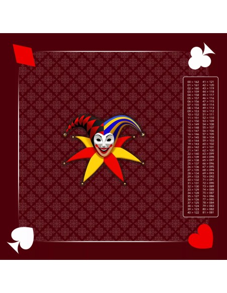 Tapis de jeu de belote bordeaux carré avec motif de masque de joker, symboles rouge et blanc, et tableau de comptage des points