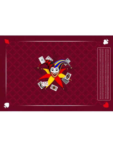 Tapis de belote rectangle joker tramé bordeaux, avec points