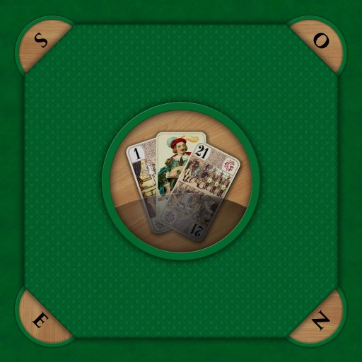 Tapis de jeu de tarot vert avec illustration de la carte Excuse représentant un roi musicien jouant de la mandoline