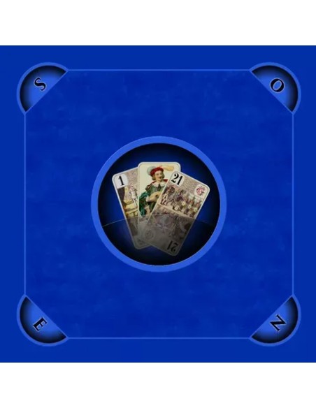 Tapis de jeu de tarot bleu avec illustration des trois bouts