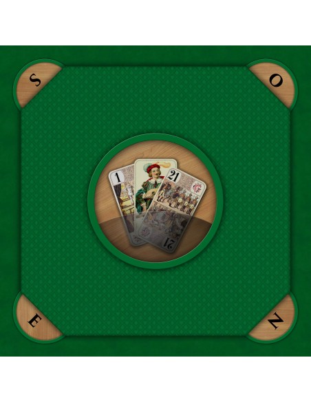 Tapis de jeu de tarot vert avec effet bois, illustration des trois bouts