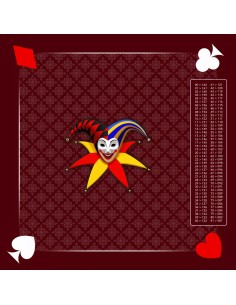 Tapis de jeu de belote bordeaux carré avec motif de masque de joker, symboles rouge et blanc, et tableau de comptage des points