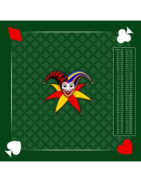 Tapis de jeu de belote vert carré avec motif de masque de joker, symboles rouge et blanc, et tableau de comptage des points