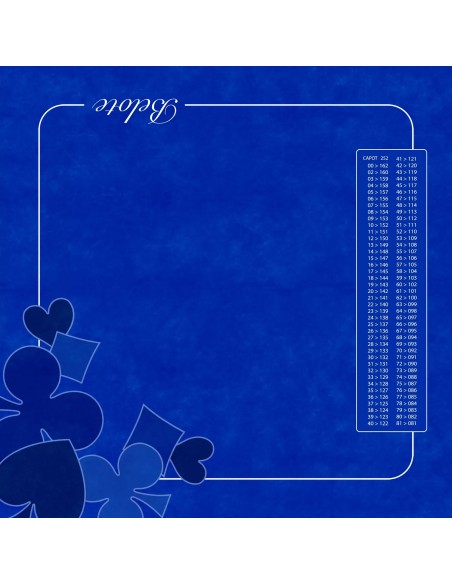 Tapis de jeu de belote bleu avec motifs bleu et tableau de comptage des points
