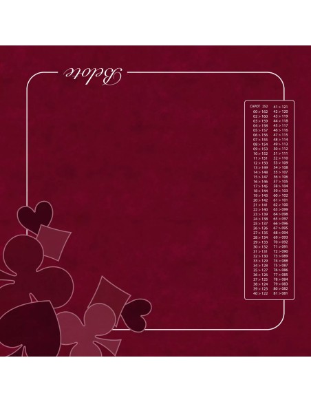 Tapis de jeu de belote bordeaux avec motifs bordeaux et tableau de comptage des points