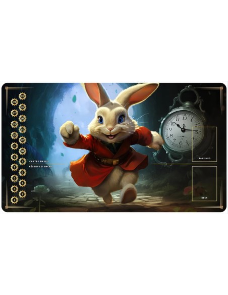 Tapis Playmats inspirés par l'univers Lorcana le lapin d'Alice aux pays des merveilles avec sa montre