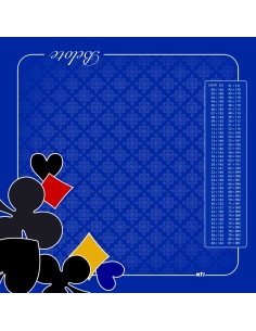 Tapis de jeu de belote bleu avec motifs de trèfles et de carreaux et tableau de comptage des points