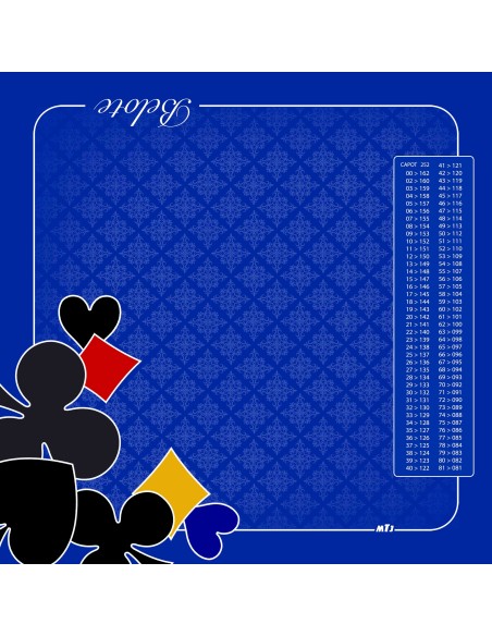 Tapis de jeu de belote bleu avec motifs de trèfles et de carreaux et tableau de comptage des points