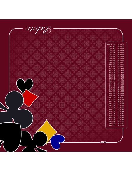 Tapis de jeu de belote bordeaux avec motifs de trèfles et de carreaux et tableau de comptage des points