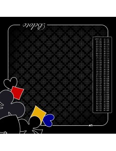 Tapis de jeu de belote noir avec motifs de trèfles et de carreaux et tableau de comptage des points