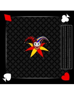 Tapis de jeu de belote noir avec motif joker au centre, symboles de cartes aux coins, et tableau de comptage des points