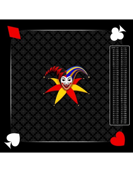 Tapis de jeu de belote noir avec motif joker au centre, symboles de cartes aux coins, et tableau de comptage des points