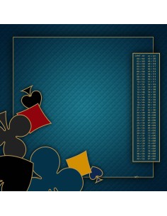 Tapis de jeu de belote à 4 bleu avec motifs de pique, carreau, cœur et trèfle aux coins, et tableau de comptage des points