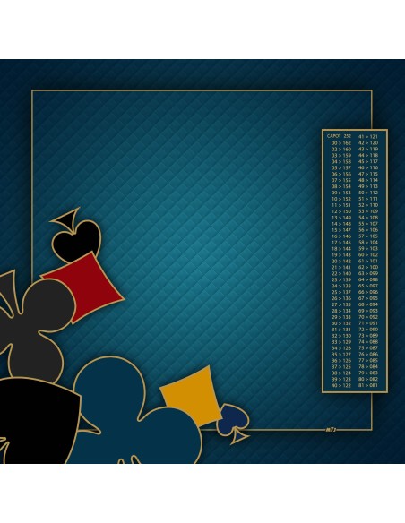 Tapis de jeu de belote à 4 bleu avec motifs de pique, carreau, cœur et trèfle aux coins, et tableau de comptage des points