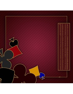 Tapis de jeu de belote à 4 bordeaux avec motifs de pique, carreau, cœur et trèfle aux coins, et tableau de comptage des points