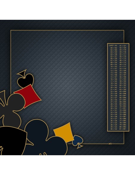 Tapis de jeu de belote à 4 noir avec motifs de pique, carreau, cœur et trèfle aux coins, et tableau de comptage des points