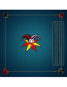 Tapis de jeu de belote bleu de 60x60 cm avec motif de masque de joker, symboles aux coins, et tableau de comptage des points