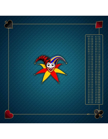Tapis de jeu de belote bleu de 60x60 cm avec motif de masque de joker, symboles aux coins, et tableau de comptage des points