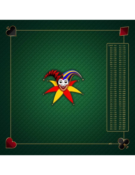 Tapis de jeu de belote vert de 60x60 cm avec motif de masque de joker, symboles aux coins, et tableau de comptage des points