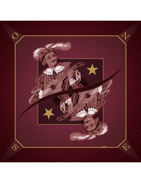 Tapis de jeu de tarot bordeaux avec illustration de la carte Excuse représentant un roi musicien jouant de la mandoline