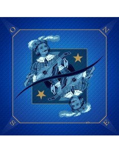 Tapis de jeu de tarot bleu avec illustration de la carte Excuse représentant un roi musicien jouant de la mandoline