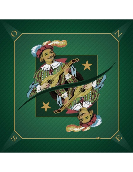 Tapis de jeu de tarot vert avec illustration de la carte Excuse représentant un roi musicien jouant de la mandoline
